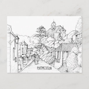 Postal Portmeirion North Wales Pen y Esbozo de tinta