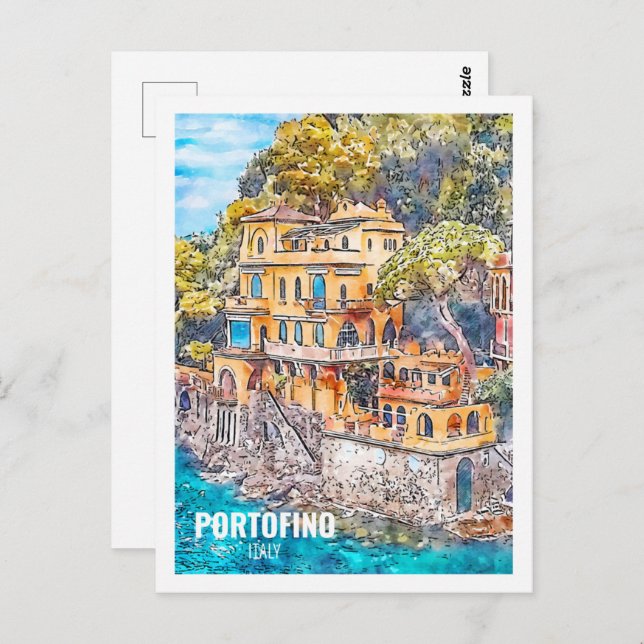 Postal Portofino Italia Famoso Sketch acuático de viajes (Anverso / Reverso)