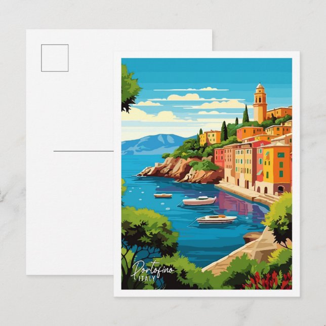 Postal Portofino Italia Ilustracion de Viajes de Arte Vin (Anverso / Reverso)