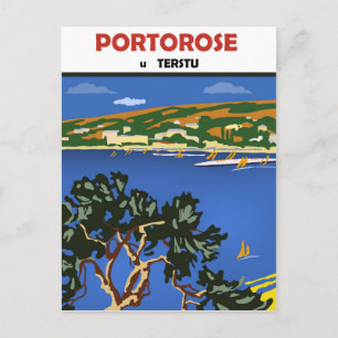 Postal Portorosa, vistas al mar Adriático, viaje vintage