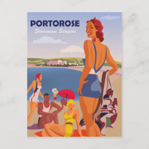 Postal Portorose, chicas en la playa, viaje vintage