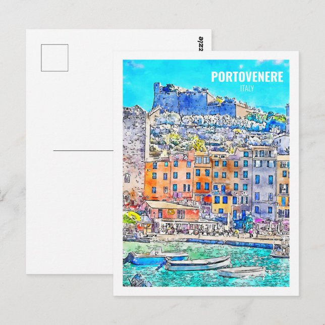 Postal Portovenere Italia Famoso Sketch acuático de viaje (Anverso / Reverso)