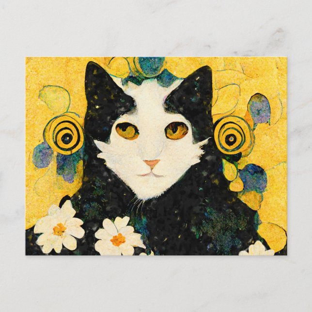 Postal Porträt einer Katze mit Blüten. Jugendstil. (Anverso)