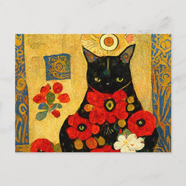 Postal Porträt einer schwarzen Katze im Jugendstil Design (Anverso)