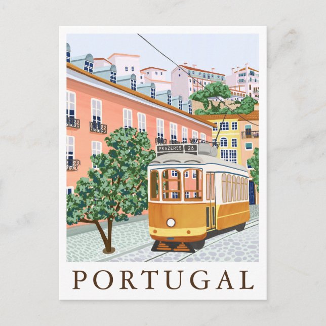 Postal Portugal Lisbon Tram Europe Travel Illustration (Anverso)