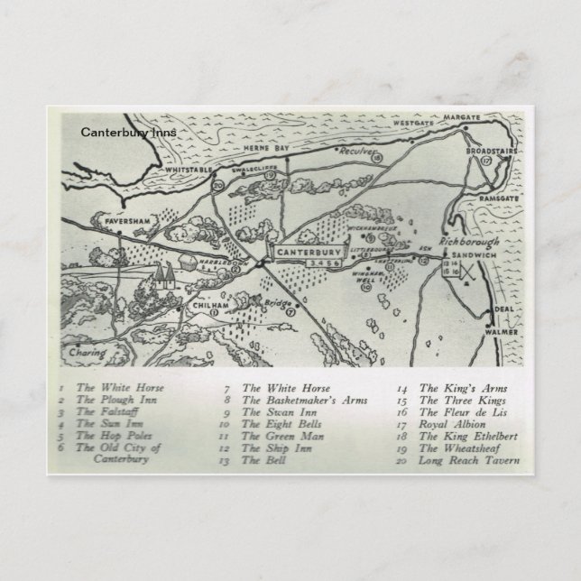Postal posadas de Kent, posadas cerca del mapa de Canterb (Anverso)