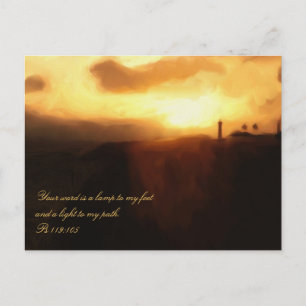Postal Poscard Bible Scripting Lighthouse Ocean & Sunset