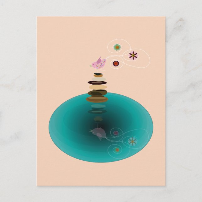 Postal pose de yoga, pájaros en las rocas (Anverso)