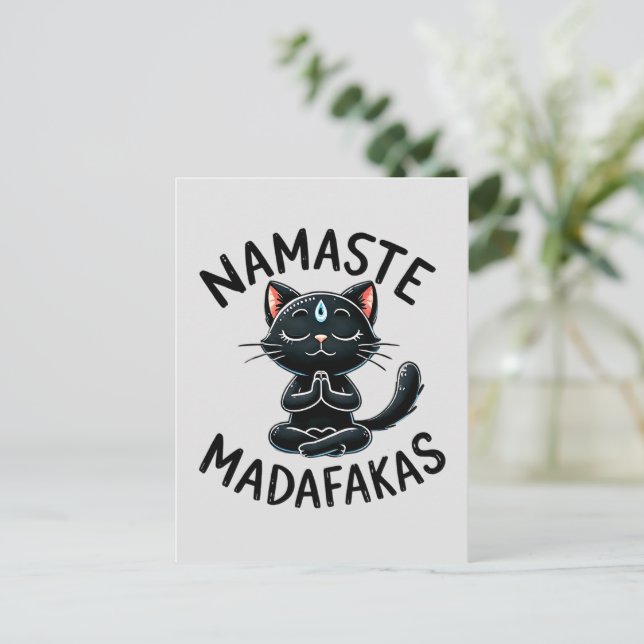 Postal Pose de yoga para gato - Namaste Madafakas (Anverso de pie)