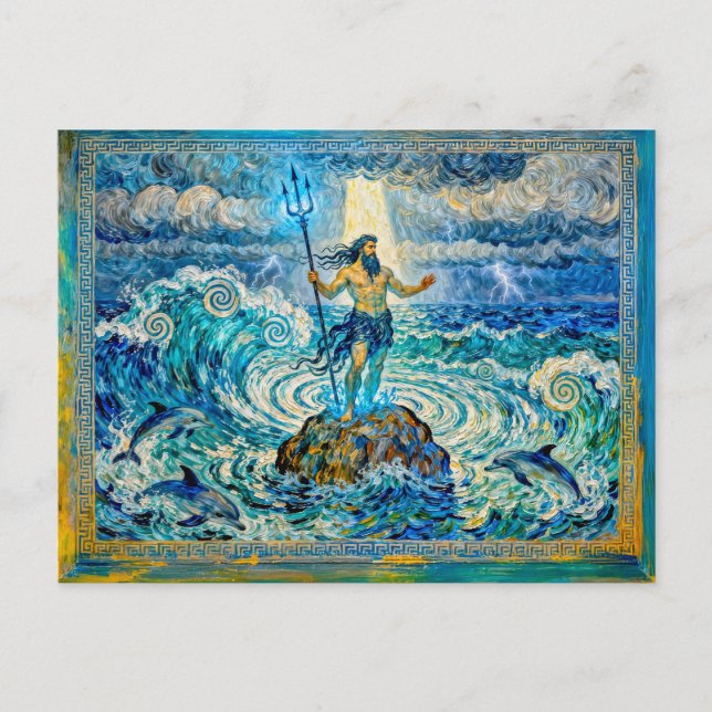Postal Poseidón sobre rocas marinas con tridente y delfin (Anverso)