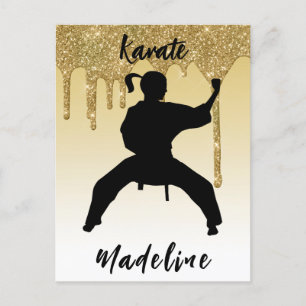 Postal Posición de Karate para Niñas Dorado Brillo Goteo