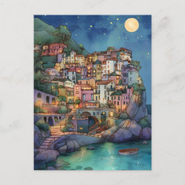 Postal Positano, Italia - Aldea costera y cielo estrellad