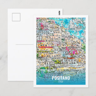 Postal Positano Italia Famoso Sketch acuático de viajes