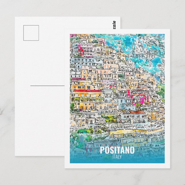 Postal Positano Italia Famoso Sketch acuático de viajes (Anverso / Reverso)
