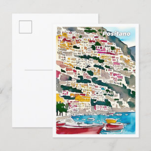 Postal Positano Italia Viaje de Ilustracion Art Vintage