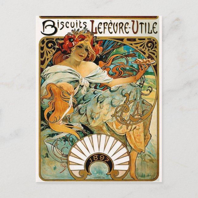 Postal Postal: Mucha - Biscuits Lefevre Utile (Anverso)