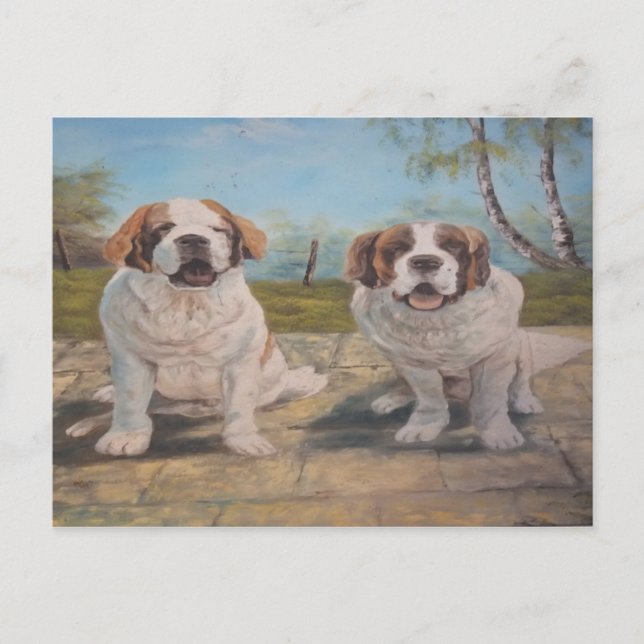 Postal Postcard Ann Hayes pintando dos St Bernards (Anverso)