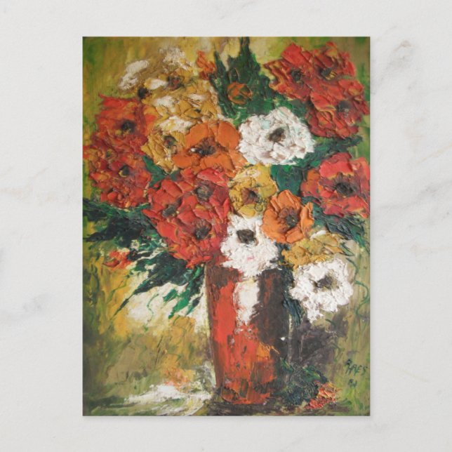 Postal Postcard Ann Hayes Pintando Flores Rojas Mezcladas (Anverso)