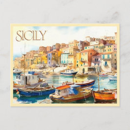 Postal POSTCARD Colorful Watercolor Sicily Harbor Travel