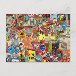 Postal Postcard con banderas y Pegatinas de época