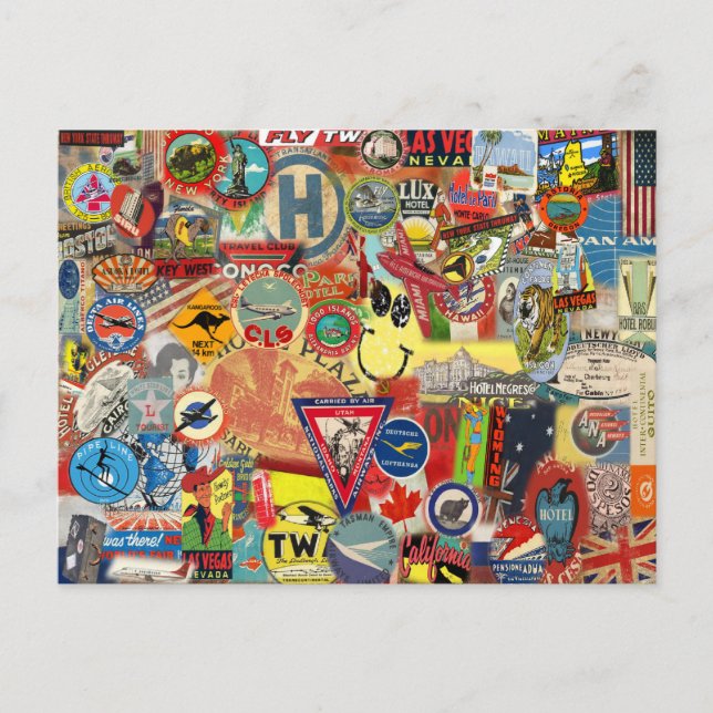 Postal Postcard con banderas y Pegatinas de época (Anverso)