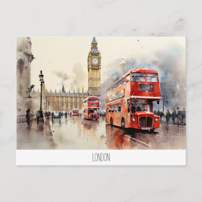 Postal Postcard con Big Ben y autobús rojo en Londres (Anverso)