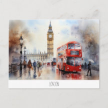 Postcard con Big Ben y autobús rojo en Londres