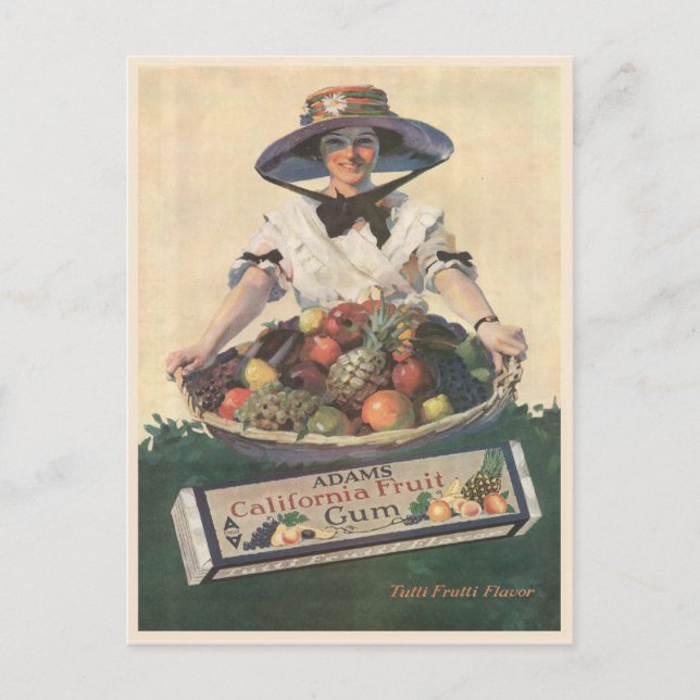 Postal Postcard con la vieja dama de la fruta de Californ (Anverso)