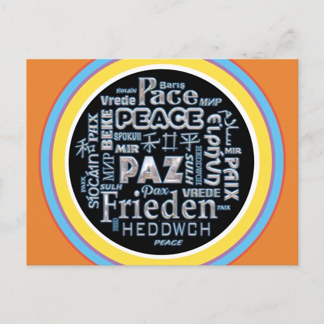 Postal Postcard con paz cromada en varios idiomas (Anverso)