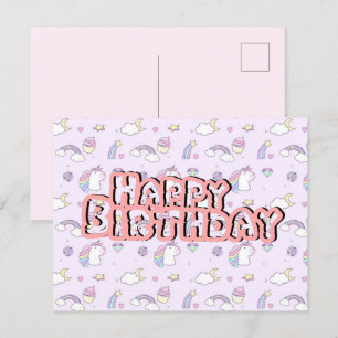 Postal Postcard de cumpleaños lindo unicornio rosa