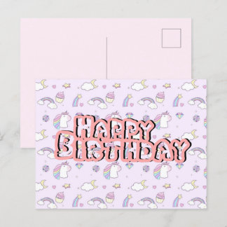 Postal Postcard de cumpleaños lindo unicornio rosa