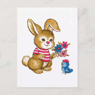 Postal Postcard de Cute Bunny y Bluebird