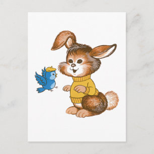 Postal Postcard de Cute Bunny y Bluebird