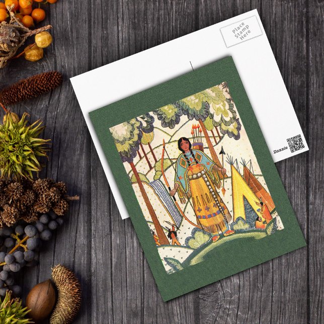 Postal PostCard de Maiden para los nativos estadounidense (Native American woman traditional dress tee pee forest on green post card.)
