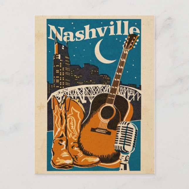 Postal Postcard de Nashville - Guitarra, Boots y micrófon (Anverso)