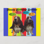 Postal Postcard Happy Birday Brother Basset<br><div class="desc">Postcard Happy Birday Brother - 2 basset hoyos en rayas arcoiris con caras sonrientes</div>