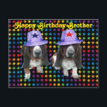 Postal Postcard Happy Brother Birday Basset<br><div class="desc">Postal Happy Birday Brother - 2 basset se centra en estrellas que llevan gorras estrellas</div>