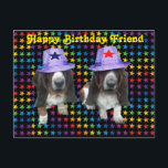 Postal Postcard Happy Friend Birday Basset Sta<br><div class="desc">Amigo del cumpleaños feliz de postales - 2 ataques contra estrellas que llevan gorras estrellas</div>