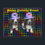 Postal Postcard Happy Friend Birday Basset Sta<br><div class="desc">Amigo del cumpleaños feliz de postales - 2 ataques contra estrellas que llevan gorras estrellas</div>