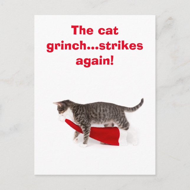 Postal Postcard Humor Katze schleppt Weihnachtsmütze weg (Anverso)