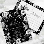Postal Postcard Invitar Floral Blanca Negra 21er cumpleañ<br><div class="desc">Un elegante patrón floral de rosa blanco y negro crea una plantilla de invitación de postal de 21 años. El texto blanco y la caligrafía están enmarcados por un arco negro con un borde blanco. Este elemento forma parte de la colección Floral de rosa blanca y negra. contiene plantillas para...</div>