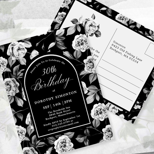 Postal Postcard Invitar Floral Blanca Negra 30 cumpleaños (Subido por el creador)