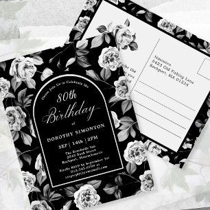 Postal Postcard Invitar Floral Blanca Negra 80 cumpleaños