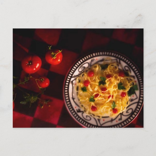 POSTAL POSTCARD PASTA PLATO CON TOMATES (Anverso)