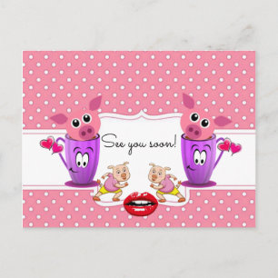 Postal Postcard Pink Pigs Polk a dot See you soon!