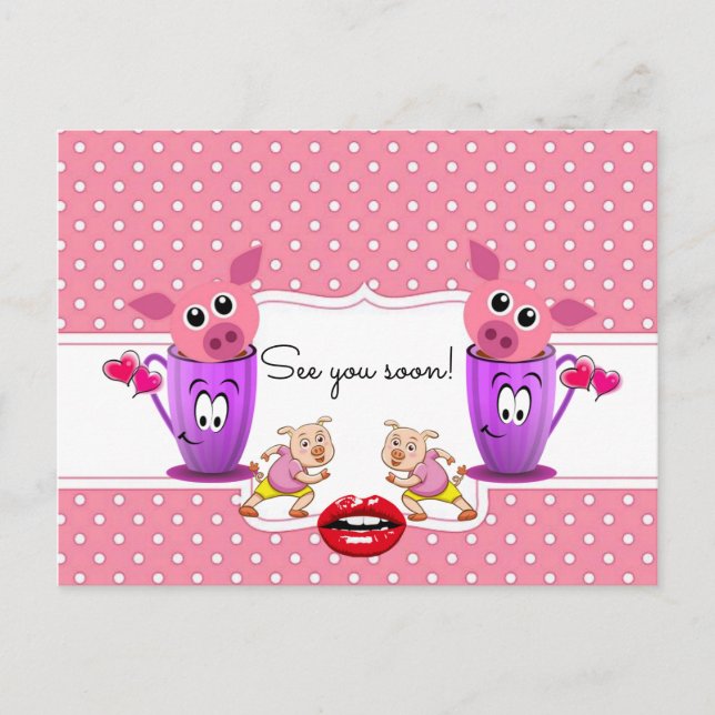 Postal Postcard Pink Pigs Polk a dot See you soon! (Anverso)