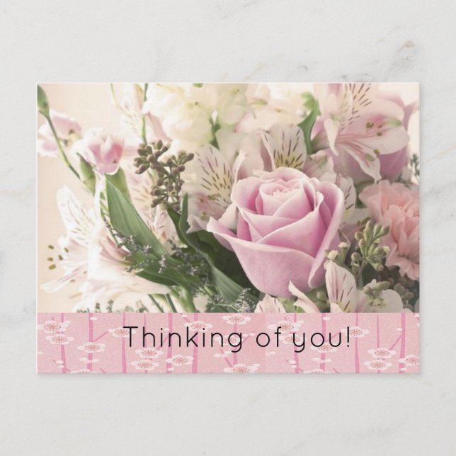Postal Postcard Pink Rose Floral Pensando en ti (Anverso)