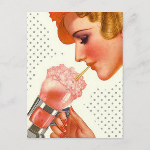Postal Postcard Retro Estilo Gal con Soda Fuente Bebida