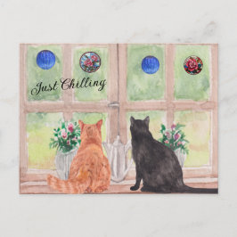 Postal  POSTCARD Two Cats at the Window Serene Flowers
