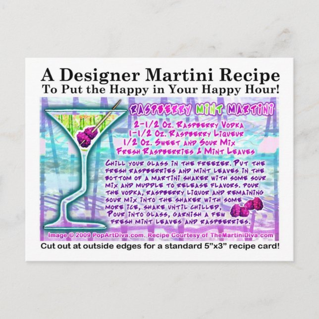 Postal Postcarta con receta de Raspberry Mint Martini (Anverso)